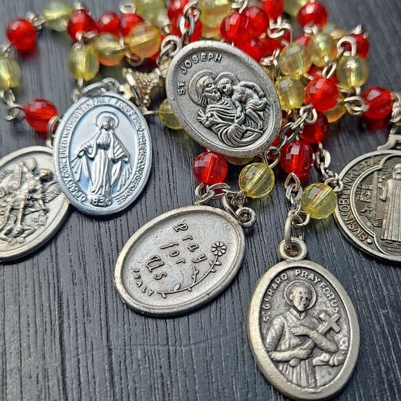 Elegant Silver Tone Red Yellow Beaded Necklace Rosary Jewelry Unisex Man Women - Picture 9 of 15